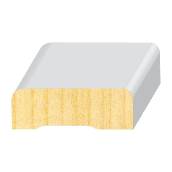 A white tile with yellow wood trim.