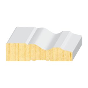 A white and yellow piece of wood with some type of design.
