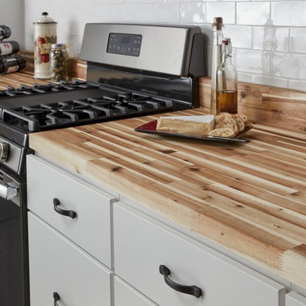 Butcher Block Counter with gas stove in background