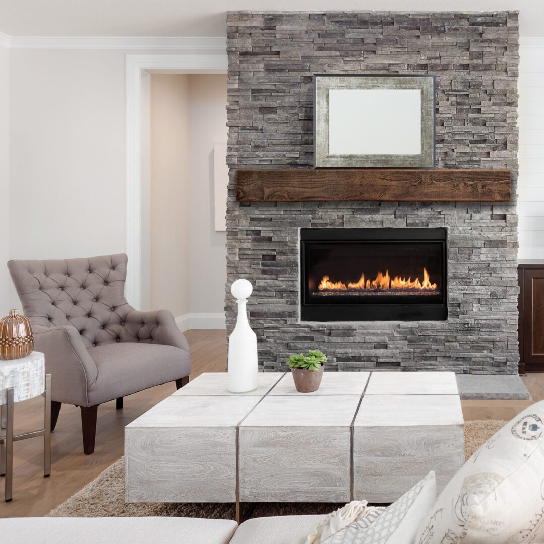 Rustic Mantel above fireplace in contemporary livingroom
