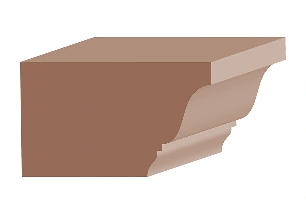 A brown piece of wood with a crown molding.