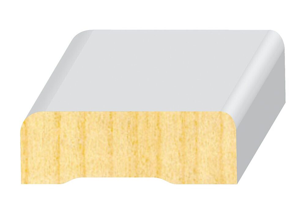 A white tile with yellow wood trim.