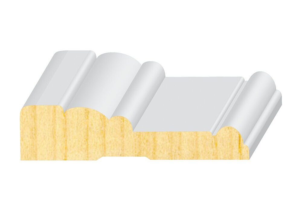 A white and yellow wall with two rows of wood.