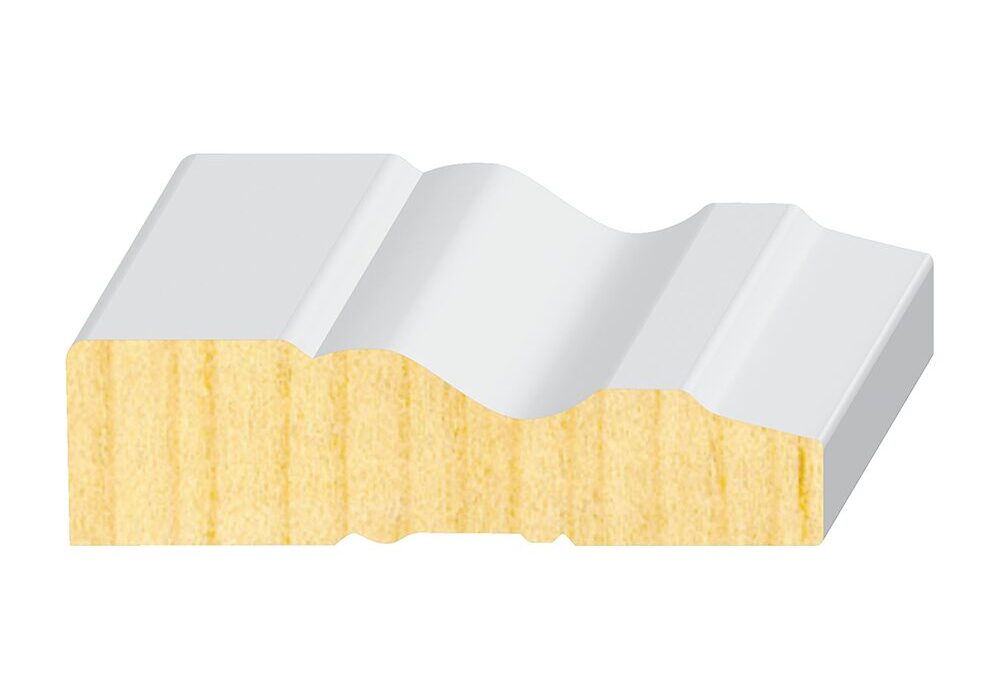 A white and yellow piece of wood with some type of design.